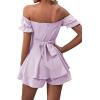 imageLYANER Womens Off Shoulder Wrap Tie Up Back Ruffle Short Sleeve Romper Short JumpsuitLavender