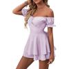 imageLYANER Womens Off Shoulder Wrap Tie Up Back Ruffle Short Sleeve Romper Short JumpsuitLavender