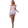 imageLYANER Womens Off Shoulder Wrap Tie Up Back Ruffle Short Sleeve Romper Short JumpsuitLavender