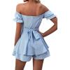 imageLYANER Womens Off Shoulder Wrap Tie Up Back Ruffle Short Sleeve Romper Short JumpsuitLight Blue