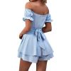 imageLYANER Womens Off Shoulder Wrap Tie Up Back Ruffle Short Sleeve Romper Short JumpsuitLight Blue