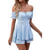 imageLYANER Womens Off Shoulder Wrap Tie Up Back Ruffle Short Sleeve Romper Short JumpsuitLight Blue