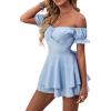 imageLYANER Womens Off Shoulder Wrap Tie Up Back Ruffle Short Sleeve Romper Short JumpsuitLight Blue