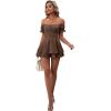 imageLYANER Womens Off Shoulder Wrap Tie Up Back Ruffle Short Sleeve Romper Short JumpsuitLight Brown