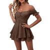 imageLYANER Womens Off Shoulder Wrap Tie Up Back Ruffle Short Sleeve Romper Short JumpsuitLight Brown