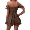 imageLYANER Womens Off Shoulder Wrap Tie Up Back Ruffle Short Sleeve Romper Short JumpsuitLight Brown