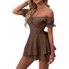 imageLYANER Womens Off Shoulder Wrap Tie Up Back Ruffle Short Sleeve Romper Short JumpsuitLight Brown