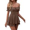 imageLYANER Womens Off Shoulder Wrap Tie Up Back Ruffle Short Sleeve Romper Short JumpsuitLight Brown