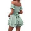imageLYANER Womens Off Shoulder Wrap Tie Up Back Ruffle Short Sleeve Romper Short JumpsuitLight Green