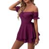imageLYANER Womens Off Shoulder Wrap Tie Up Back Ruffle Short Sleeve Romper Short JumpsuitMagenta