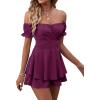 imageLYANER Womens Off Shoulder Wrap Tie Up Back Ruffle Short Sleeve Romper Short JumpsuitMagenta