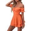 imageLYANER Womens Off Shoulder Wrap Tie Up Back Ruffle Short Sleeve Romper Short JumpsuitOrange