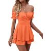 imageLYANER Womens Off Shoulder Wrap Tie Up Back Ruffle Short Sleeve Romper Short JumpsuitOrange