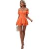 imageLYANER Womens Off Shoulder Wrap Tie Up Back Ruffle Short Sleeve Romper Short JumpsuitOrange