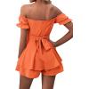 imageLYANER Womens Off Shoulder Wrap Tie Up Back Ruffle Short Sleeve Romper Short JumpsuitOrange