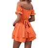 imageLYANER Womens Off Shoulder Wrap Tie Up Back Ruffle Short Sleeve Romper Short JumpsuitOrange