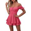 imageLYANER Womens Off Shoulder Wrap Tie Up Back Ruffle Short Sleeve Romper Short JumpsuitPeach Red