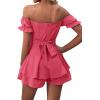 imageLYANER Womens Off Shoulder Wrap Tie Up Back Ruffle Short Sleeve Romper Short JumpsuitPeach Red