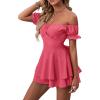 imageLYANER Womens Off Shoulder Wrap Tie Up Back Ruffle Short Sleeve Romper Short JumpsuitPeach Red