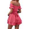 imageLYANER Womens Off Shoulder Wrap Tie Up Back Ruffle Short Sleeve Romper Short JumpsuitPeach Red