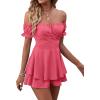 imageLYANER Womens Off Shoulder Wrap Tie Up Back Ruffle Short Sleeve Romper Short JumpsuitPeach Red