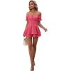 imageLYANER Womens Off Shoulder Wrap Tie Up Back Ruffle Short Sleeve Romper Short JumpsuitPeach Red