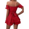 imageLYANER Womens Off Shoulder Wrap Tie Up Back Ruffle Short Sleeve Romper Short JumpsuitRed