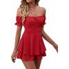 imageLYANER Womens Off Shoulder Wrap Tie Up Back Ruffle Short Sleeve Romper Short JumpsuitRed