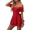 imageLYANER Womens Off Shoulder Wrap Tie Up Back Ruffle Short Sleeve Romper Short JumpsuitRed