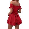 imageLYANER Womens Off Shoulder Wrap Tie Up Back Ruffle Short Sleeve Romper Short JumpsuitRed