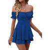 imageLYANER Womens Off Shoulder Wrap Tie Up Back Ruffle Short Sleeve Romper Short JumpsuitRoyal Blue