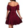 imageLYANER Womens Square Neck Ruffle Wrap Mini Dress Off Shoulder Flounce Short Sleeve A Line Flowy DressBurgundy