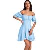 imageLYANER Womens Square Neck Ruffle Wrap Mini Dress Off Shoulder Flounce Short Sleeve A Line Flowy DressLight Blue