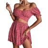 imageLYANER Womens 2 Piece Outfits Floral Off Shoulder Tie Up Crop Top and Mini Skirt SetRose Floral
