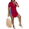 imageLYANER Womens Collar V Neck Button Down Slit Hem Short Sleeve Blouse Long Shirt TopBurgundy
