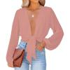 imageLYANER Womens Deep V Neck Tie Front Knot Long Sleeve Sexy Wrap Crop Top Blouse Dusty Pink Medium