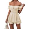imageLYANER Womens Off Shoulder Wrap Tie Up Back Ruffle Short Sleeve Romper Short JumpsuitBeige