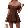 imageLYANER Womens Off Shoulder Wrap Tie Up Back Ruffle Short Sleeve Romper Short JumpsuitBrown