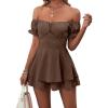 imageLYANER Womens Off Shoulder Wrap Tie Up Back Ruffle Short Sleeve Romper Short JumpsuitLight Brown