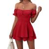 imageLYANER Womens Off Shoulder Wrap Tie Up Back Ruffle Short Sleeve Romper Short JumpsuitRed