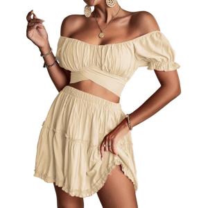 imageLYANER Womens 2 Piece Outfits Floral Off Shoulder Tie Up Crop Top and Mini Skirt SetBeige
