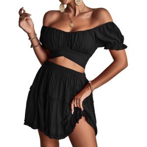 imageLYANER Womens 2 Piece Outfits Floral Off Shoulder Tie Up Crop Top and Mini Skirt SetBlack