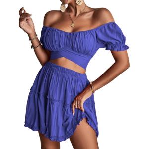 imageLYANER Womens 2 Piece Outfits Floral Off Shoulder Tie Up Crop Top and Mini Skirt SetBlue