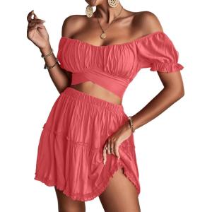 imageLYANER Womens 2 Piece Outfits Floral Off Shoulder Tie Up Crop Top and Mini Skirt SetCoral Pink
