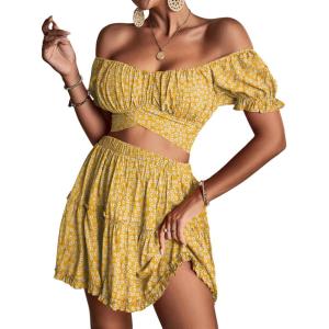 imageLYANER Womens 2 Piece Outfits Floral Off Shoulder Tie Up Crop Top and Mini Skirt SetDark Ginger
