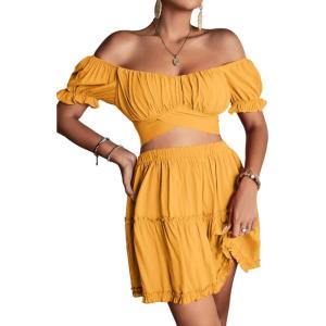 imageLYANER Womens 2 Piece Outfits Floral Off Shoulder Tie Up Crop Top and Mini Skirt SetGinger