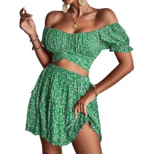 imageLYANER Womens 2 Piece Outfits Floral Off Shoulder Tie Up Crop Top and Mini Skirt SetGrass Green Floral