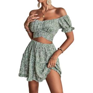 imageLYANER Womens 2 Piece Outfits Floral Off Shoulder Tie Up Crop Top and Mini Skirt SetGreen