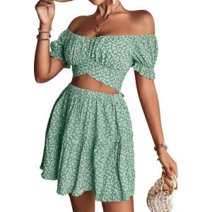 imageLYANER Womens 2 Piece Outfits Floral Off Shoulder Tie Up Crop Top and Mini Skirt SetGreen Floral