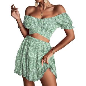 imageLYANER Womens 2 Piece Outfits Floral Off Shoulder Tie Up Crop Top and Mini Skirt SetGreen White Floral